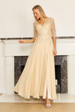 Mother of the Bride Dresses Long Sleeve Chiffon Formal Evening Dress Gold
