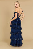 Formal Dresses Long Sequin Sheer Corset Prom Dress Navy