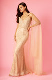 Kos Couture Long Sequin Cape Couture Evening Dress