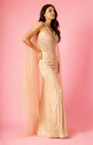 Kos Couture Long Sequin Cape Couture Evening Dress