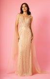 Kos Couture Long Sequin Cape Couture Evening Dress